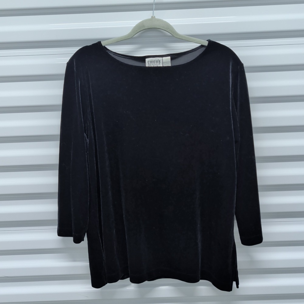 Chico's Design Size 3 Women Black Velvet 3/4 Sleeve Boat Neck Top Blouse USA